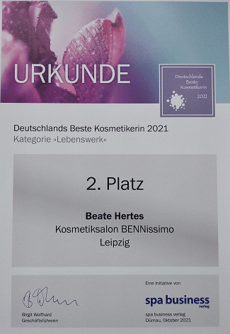 Urkunde 2. Platz Deutschlands bester Kosmetiker 2021