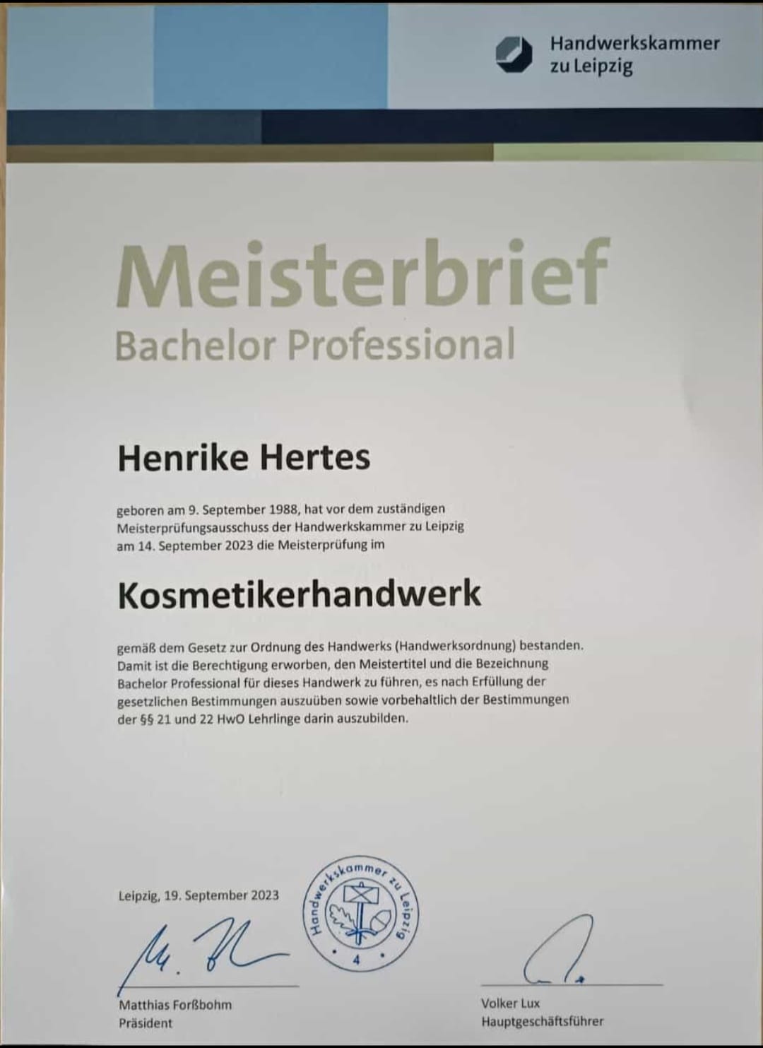 Meisterbrief Henrike Hertes